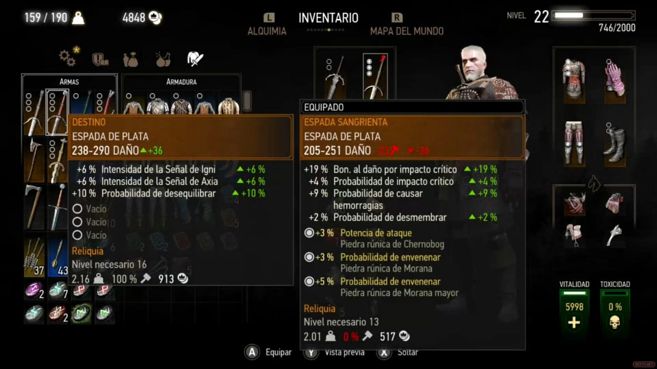 Análisis The Witcher Switch armas armaduras