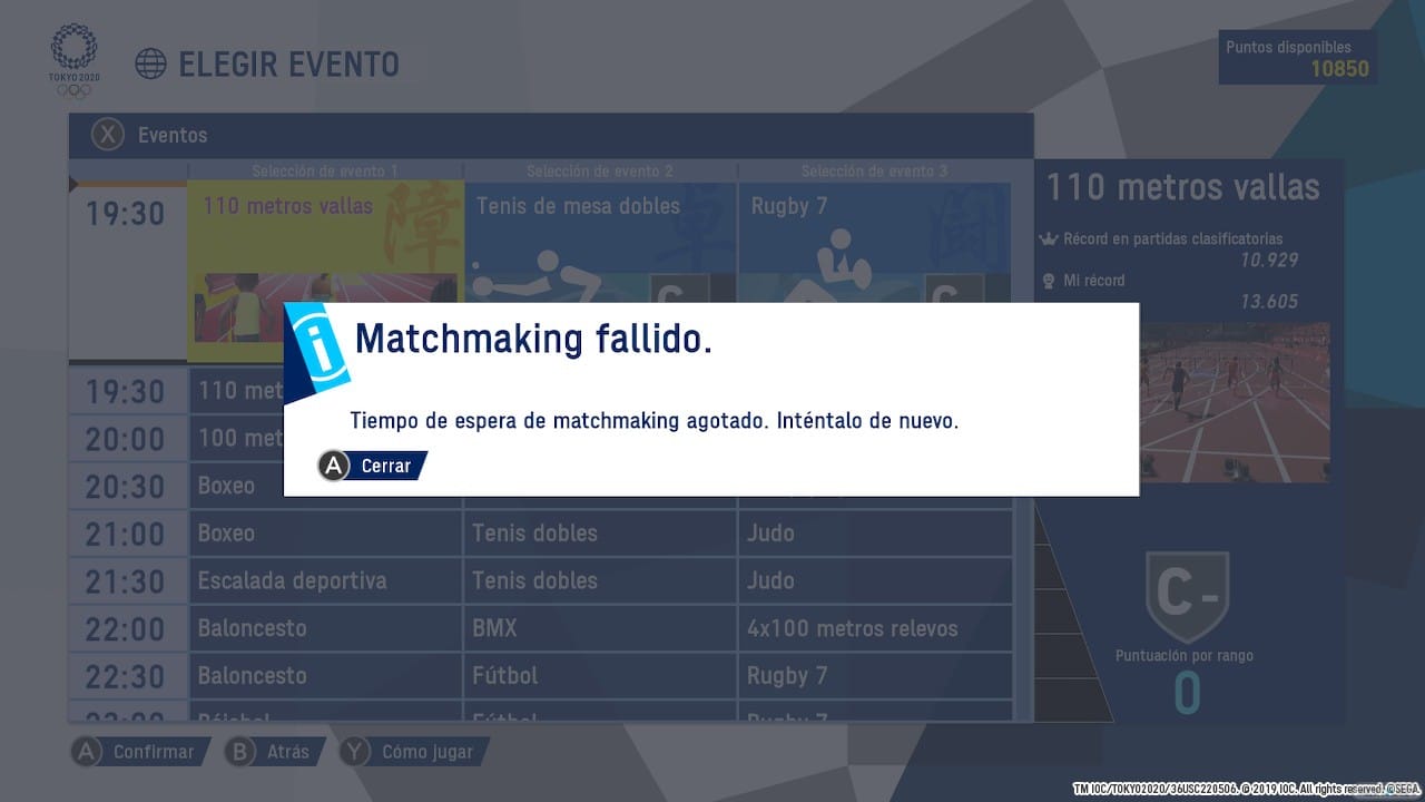 Un letrero indica que el tiempo de espera para encontrar oponente online se ha agotado