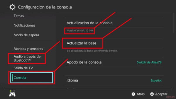 Actualización 13.0.0 Nintendo Switch auriculares bluetooth