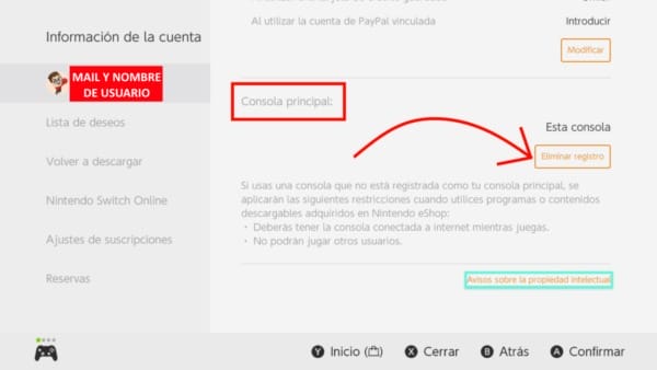 Cambiar consola Principal eShop Nintendo Switch