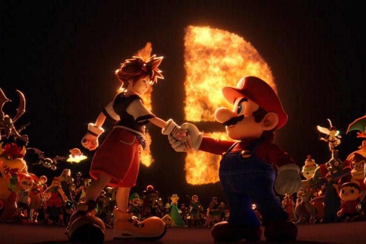 Sora dando la mano a Mario en Super Smash Bros. Ultimate