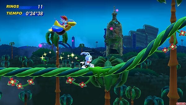 Sonic Superstars pero Sonic es un conejo y le persigue Fang The Hunter