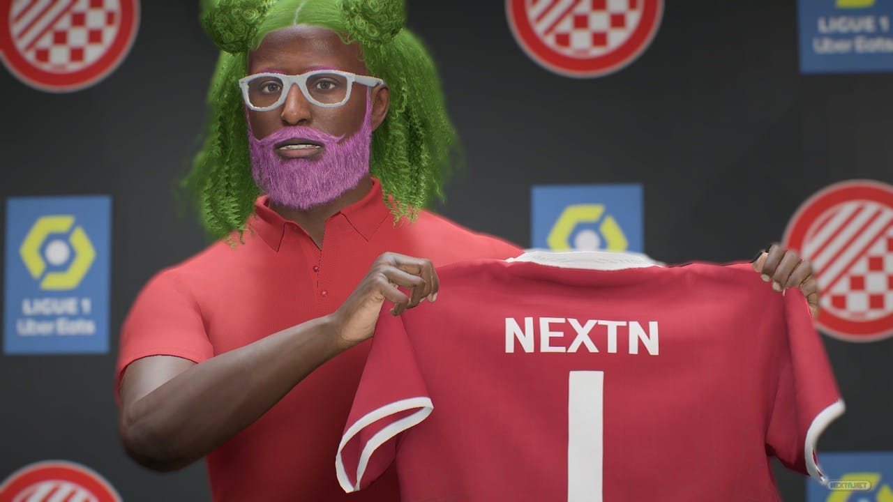 EA SPORTS FC 24. Un avatar PRO con melena verde y barba violeta sostiene una camiseta roja con el dorsal 1 y el apellido NextN