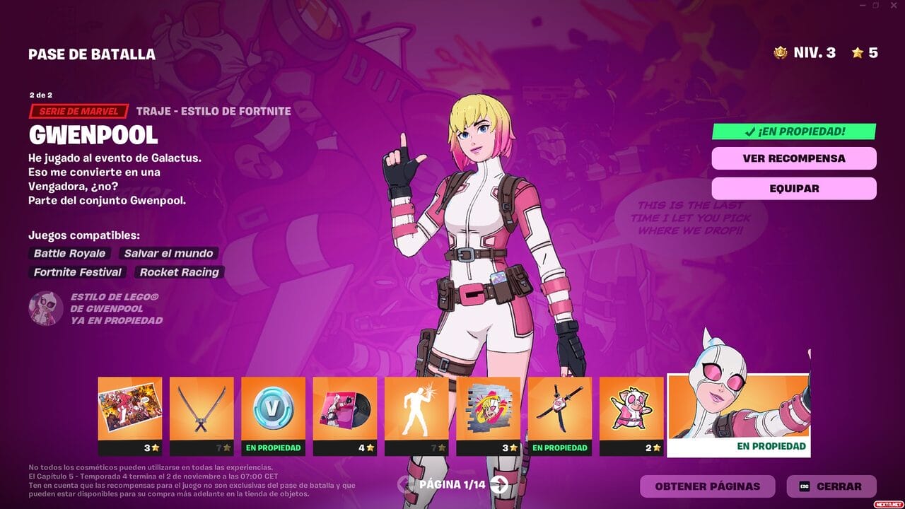 Fortnite Capitulo 5 Temporada 4 Alerta Doom Pase de Batalla Gwenpool