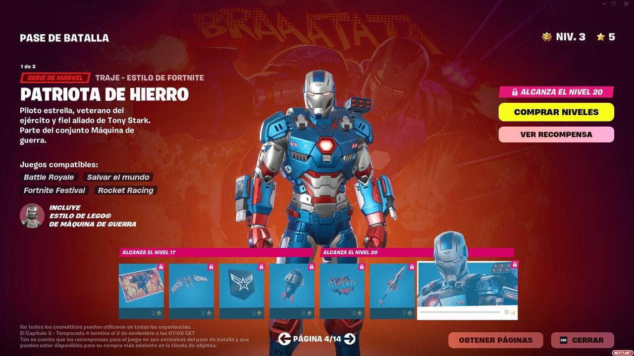 Fortnite Capitulo 5 Temporada 4 Alerta Doom Pase de Batalla Máquina de Guerra War machine Patriota de Hierro Iron Patriot