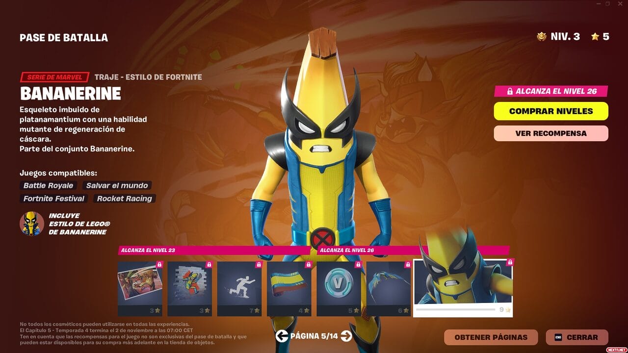 Fortnite Capitulo 5 Temporada 4 Alerta Doom Pase de Batalla Bananarine Peelverine