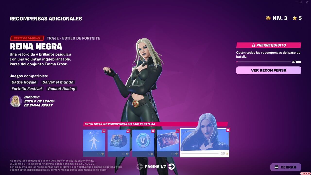 Fortnite Capitulo 5 Temporada 4 Alerta Doom Pase de Batalla Emma Frost Reina Negra