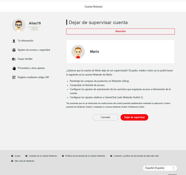 Tutorial desactivar Cuenta Nintendo cuenta infantil control parental Nintendo Switch 2 GameChat